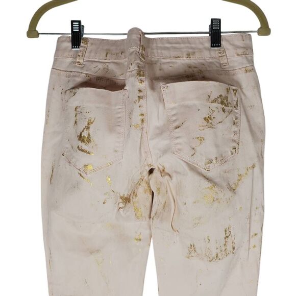 Vanilla Star Zip Fly Gold Splatter Paint Stretch Skinny Jeans Pink & Gold Size 5 - Picture 6 of 14